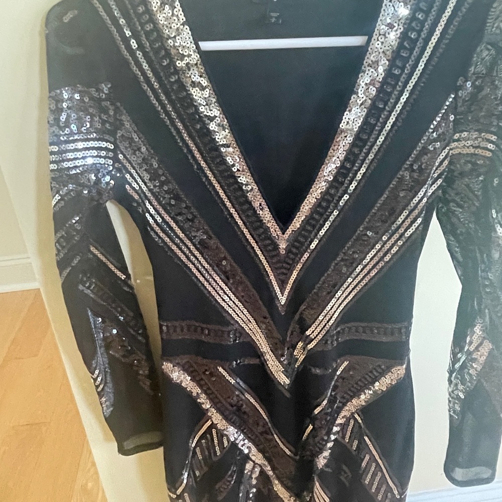 Express Sheer, Black & Silver Pattern Dress - image 5